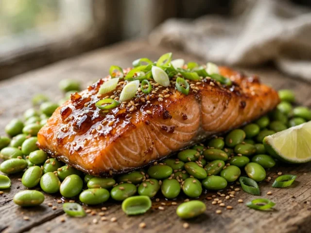 Knusprig gebratenes Lachsfilet mit glasierter Honig-Soja-Kruste auf Edamame, bestreut mit Sesam und Frühlingszwiebeln.
