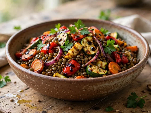 Herzhafter Linsensalat mit gerösteter Paprika, Zucchini und Karotten in einer großen Schüssel.