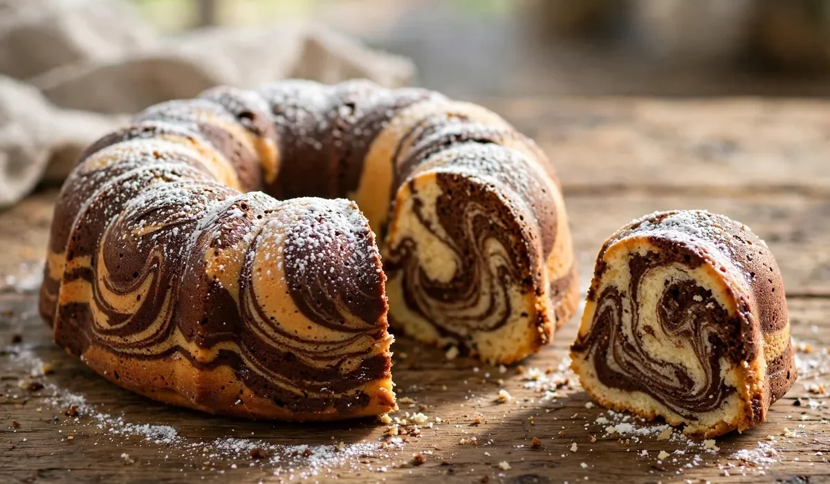 Marmorkuchen im Gugelhupf mit hellem und dunklem Marmormuster, bestäubt mit Puderzucker, ein Stück angeschnitten.