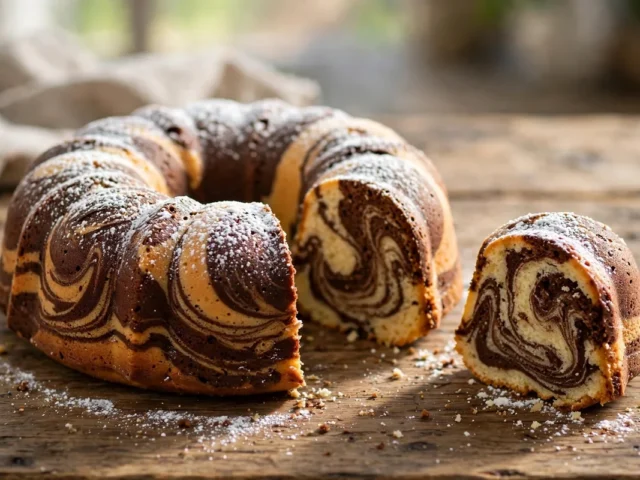 Marmorkuchen im Gugelhupf mit hellem und dunklem Marmormuster, bestäubt mit Puderzucker, ein Stück angeschnitten.