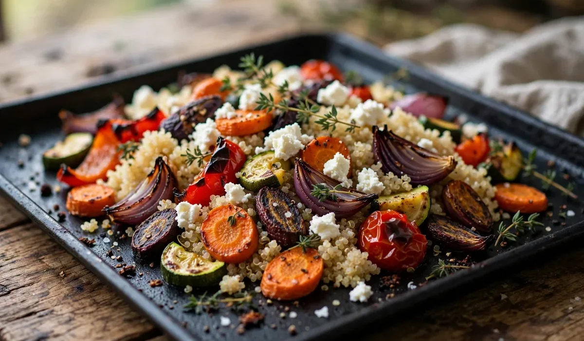 Buntes Ofengemüse mit lockerem Quinoa und zerbröckeltem Feta auf einem dunklen Blech, mit Thymian bestreut.
