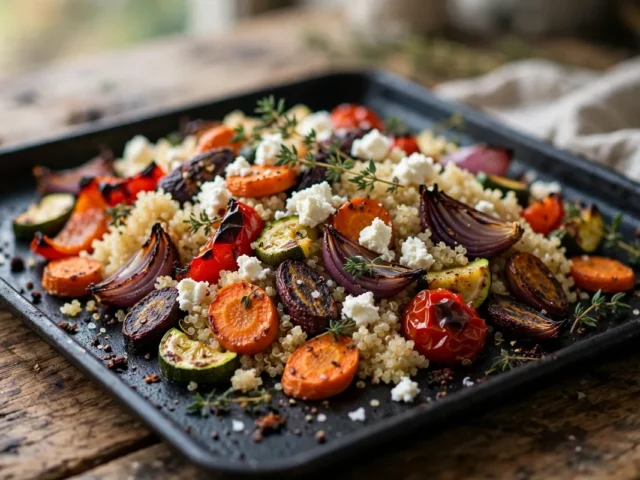 Buntes Ofengemüse mit lockerem Quinoa und zerbröckeltem Feta auf einem dunklen Blech, mit Thymian bestreut.