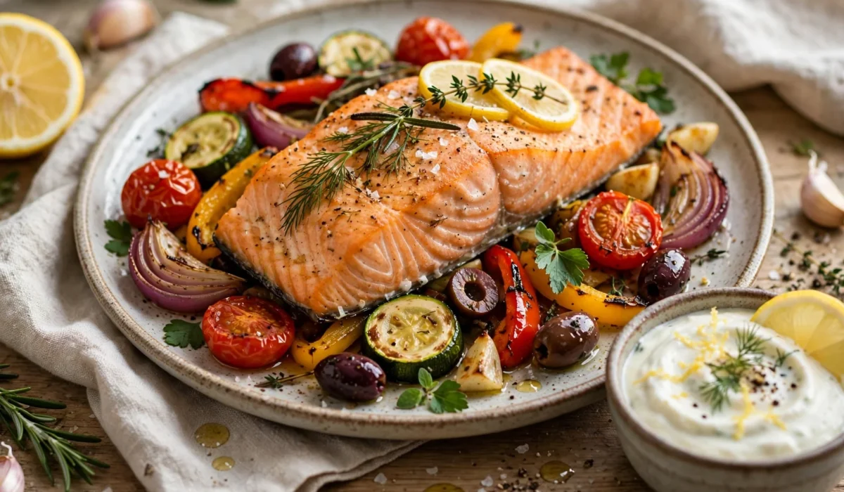 Ofenlachs mit mediterranem Ofengemüse und Zitronen-Joghurt-Dip