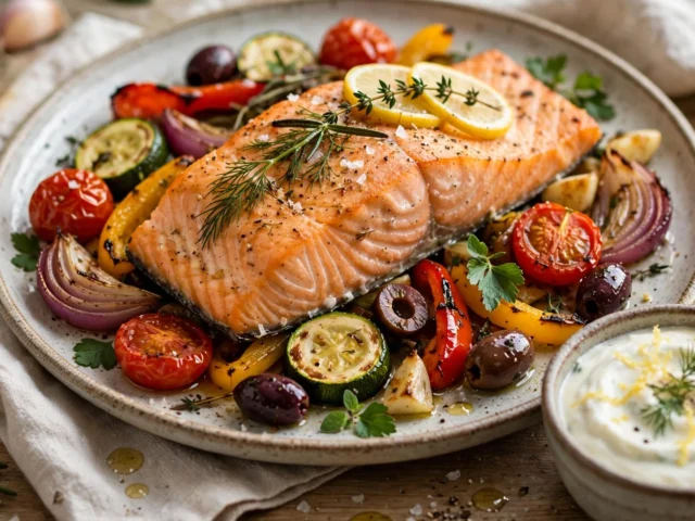 Ofenlachs mit mediterranem Ofengemüse und Zitronen-Joghurt-Dip