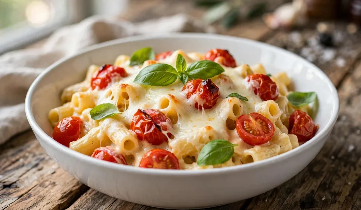 Cremige One-Pot-Pasta mit geschmolzenem Mozzarella und frischem Basilikum in einer Schüssel.