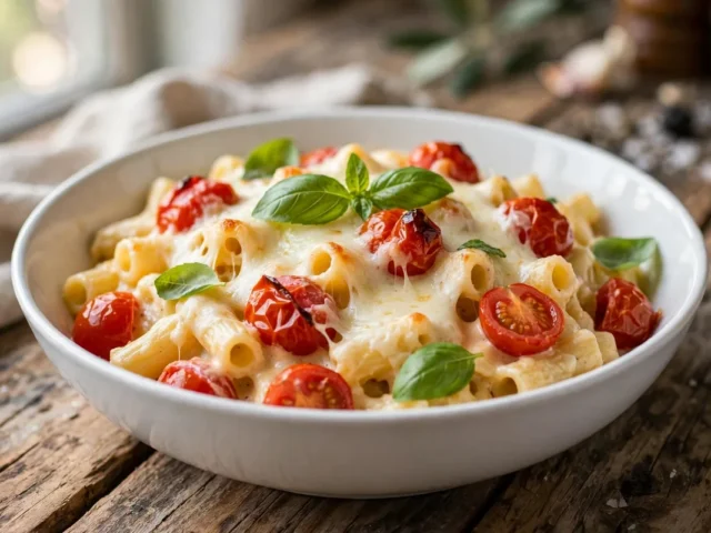 Cremige One-Pot-Pasta mit geschmolzenem Mozzarella und frischem Basilikum in einer Schüssel.