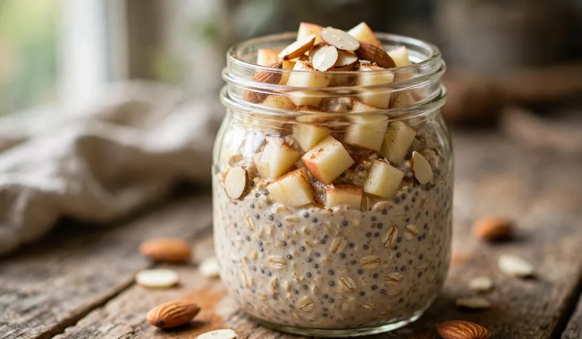 Overnight Oats mit Apfelstücken und Zimt in einem Glas, getoppt mit Mandeln.