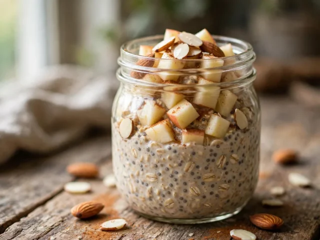 Overnight Oats mit Apfelstücken und Zimt in einem Glas, getoppt mit Mandeln.