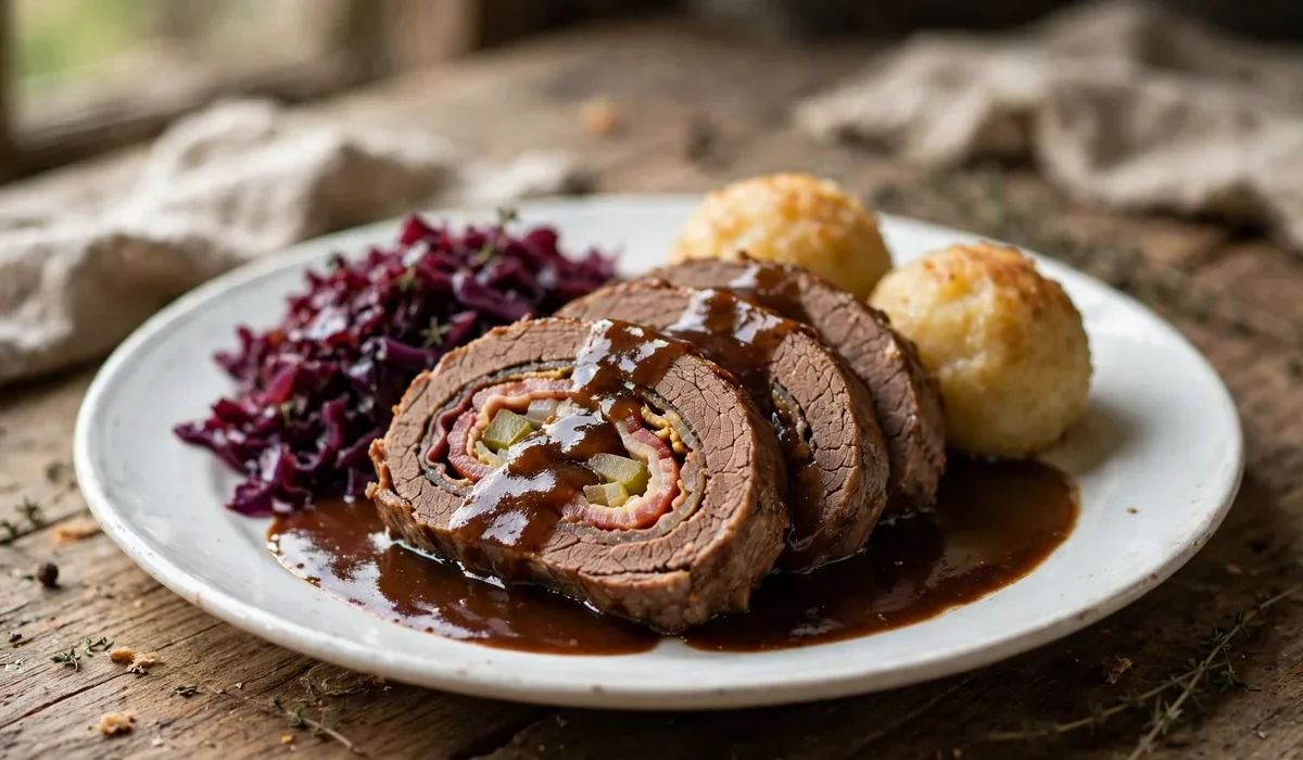 Aufgeschnittene Rinderroulade mit dunkler Soße, serviert mit Rotkohl und Kartoffelklößen auf einem Teller.