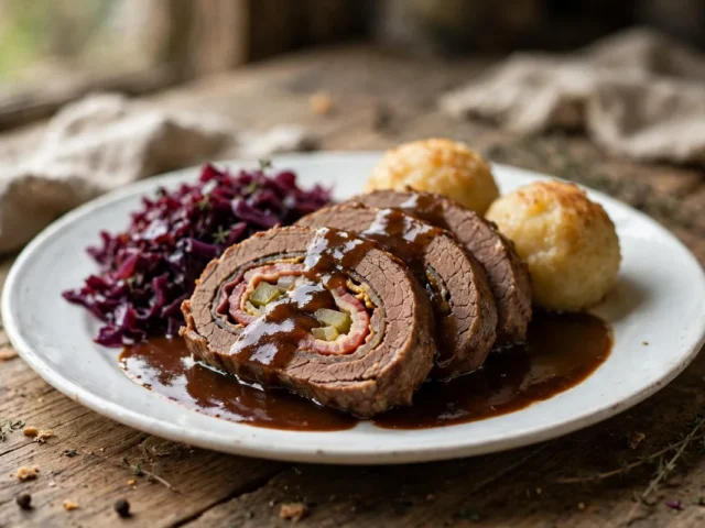 Aufgeschnittene Rinderroulade mit dunkler Soße, serviert mit Rotkohl und Kartoffelklößen auf einem Teller.