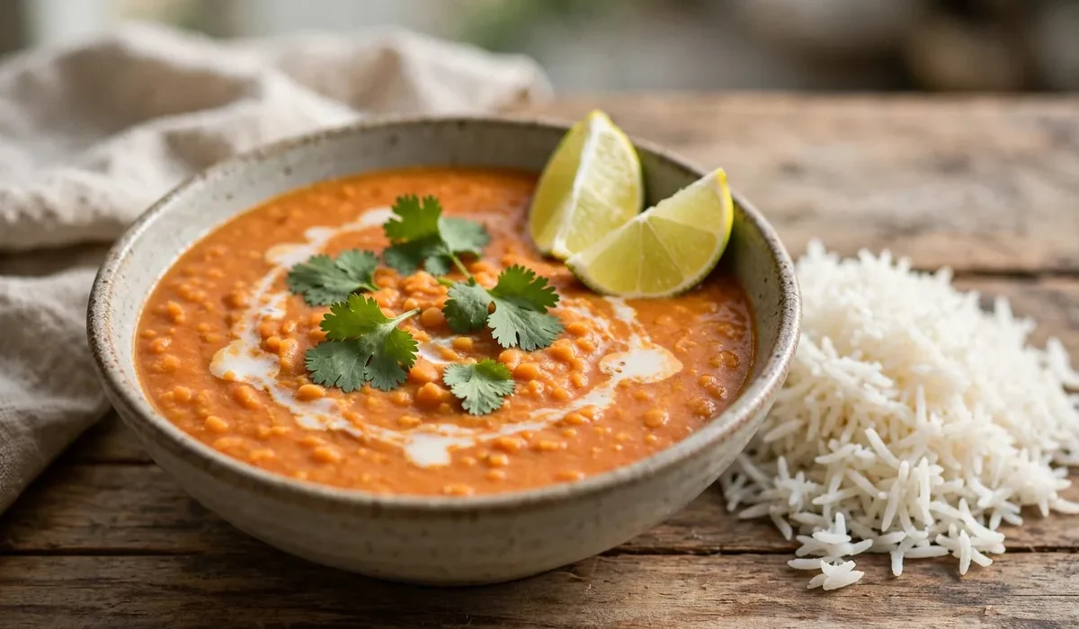 Cremiges rotes Linsen-Dal mit Kokosmilch in einer Schüssel, mit Koriander und Limettenspalten garniert, daneben Basmatireis.