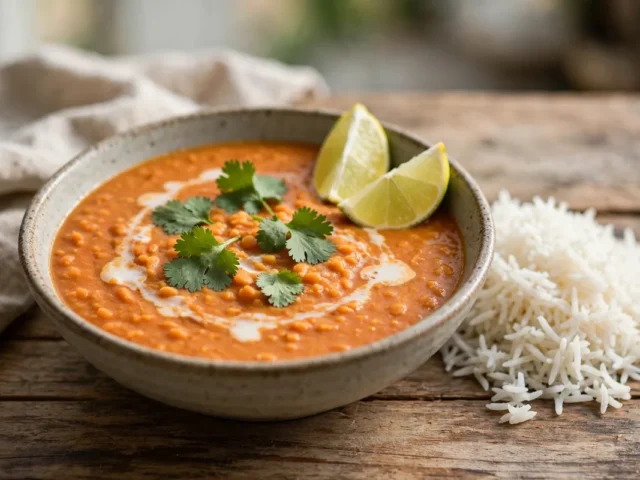 Cremiges rotes Linsen-Dal mit Kokosmilch in einer Schüssel, mit Koriander und Limettenspalten garniert, daneben Basmatireis.