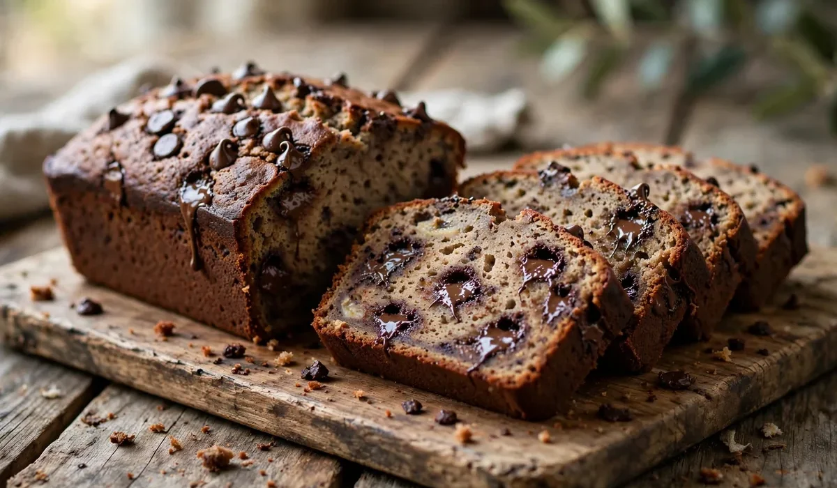 Saftiges Schoko-Bananenbrot in Scheiben geschnitten auf einem Holzbrett, mit sichtbaren Schokostückchen im Teig.