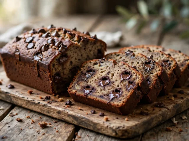 Saftiges Schoko-Bananenbrot in Scheiben geschnitten auf einem Holzbrett, mit sichtbaren Schokostückchen im Teig.