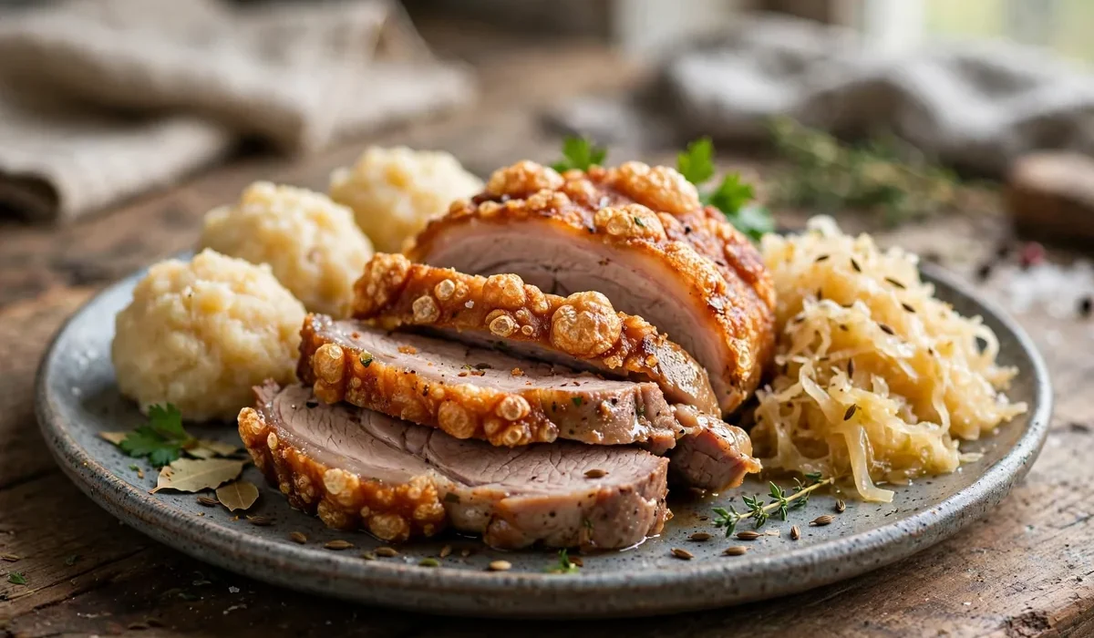 Saftiger Schweinebraten mit knuspriger Kruste, aufgeschnitten serviert mit Knödeln und Sauerkraut.