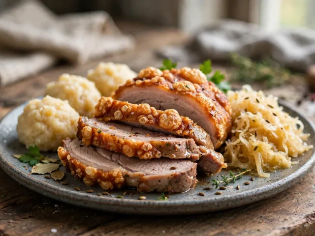 Saftiger Schweinebraten mit knuspriger Kruste, aufgeschnitten serviert mit Knödeln und Sauerkraut.