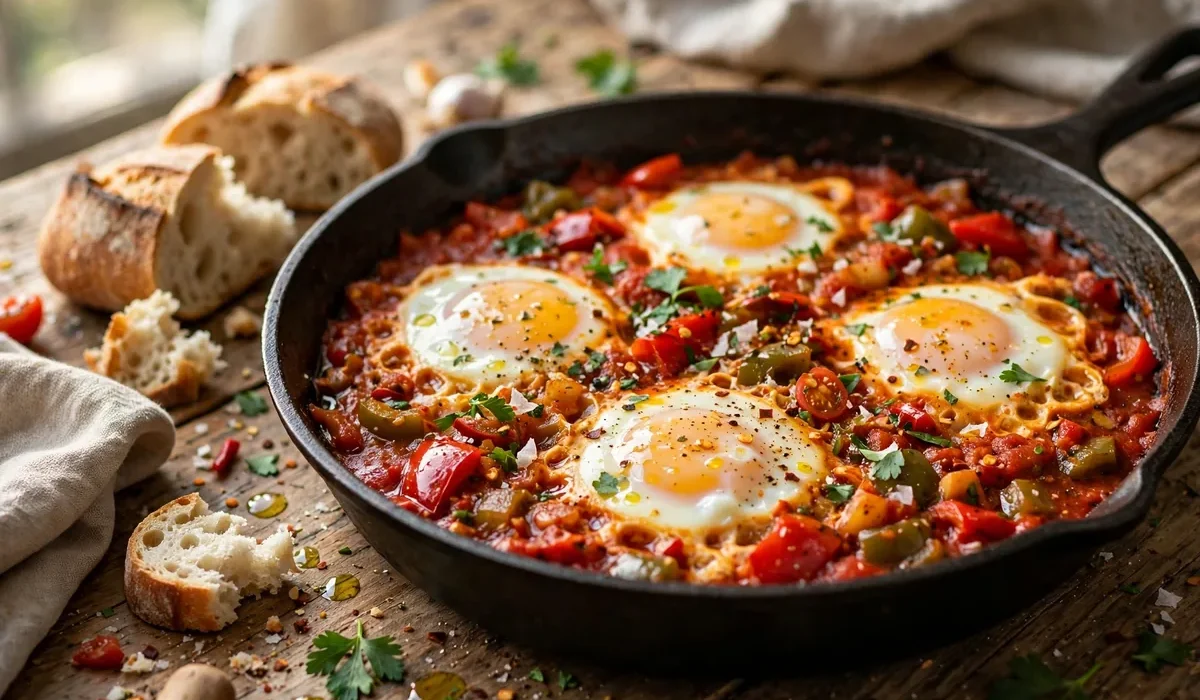 Shakshuka mit pochierten Eiern in würziger Tomatensauce, direkt in der Pfanne serviert.