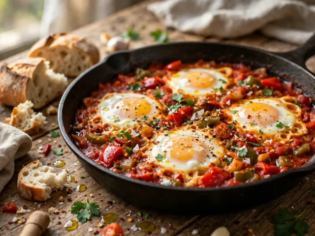 Shakshuka mit pochierten Eiern in würziger Tomatensauce, direkt in der Pfanne serviert.