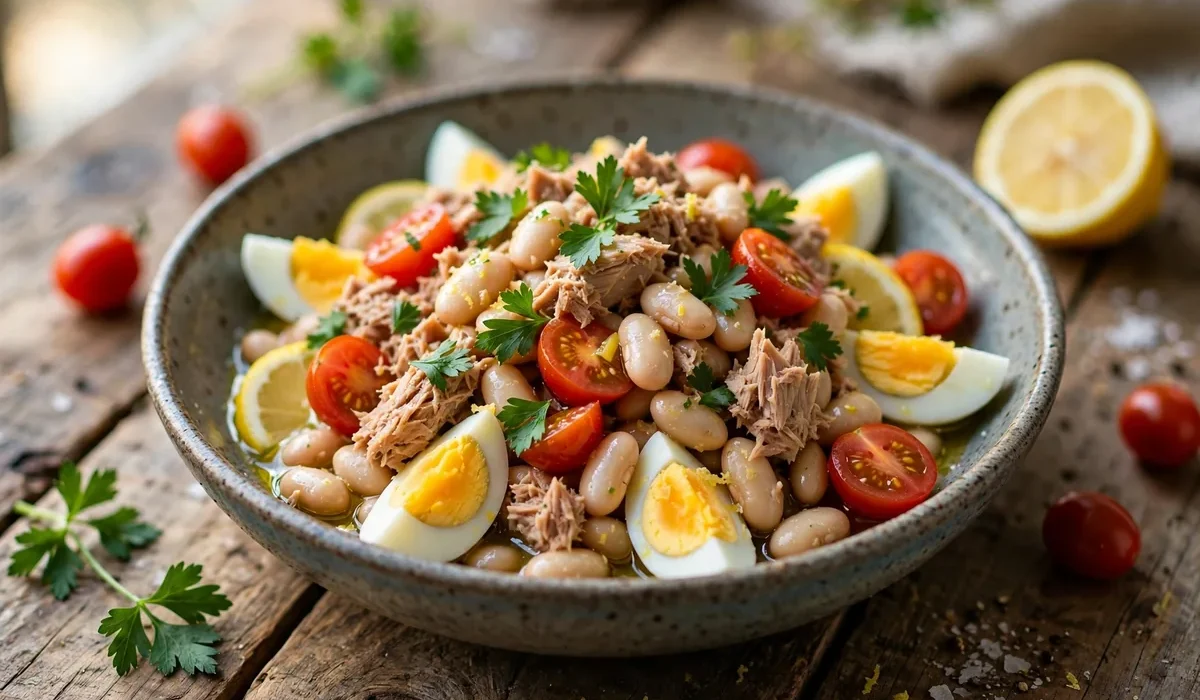 Thunfisch-Bohnen-Salat mit geviertelten Eiern, Kirschtomaten und Petersilie in einer Schüssel.