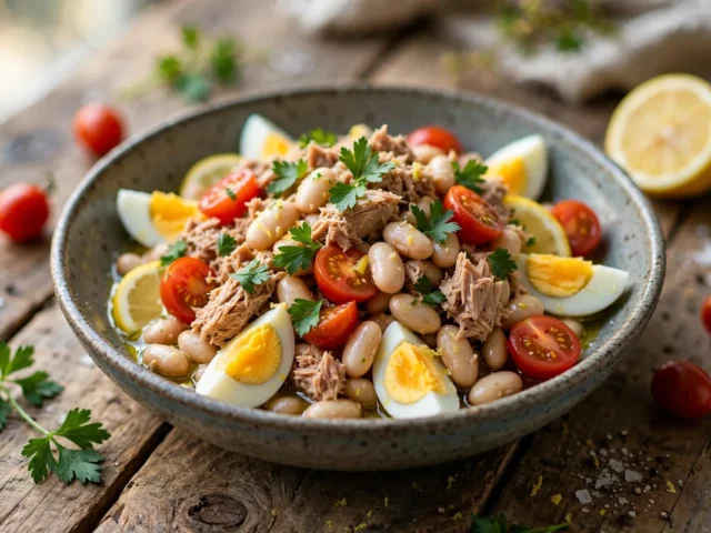 Thunfisch-Bohnen-Salat mit geviertelten Eiern, Kirschtomaten und Petersilie in einer Schüssel.