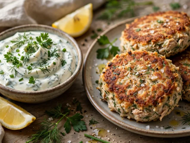 Saftige Thunfisch-Frikadellen mit Joghurt-Kräuter-Dip, goldbraun gebraten
