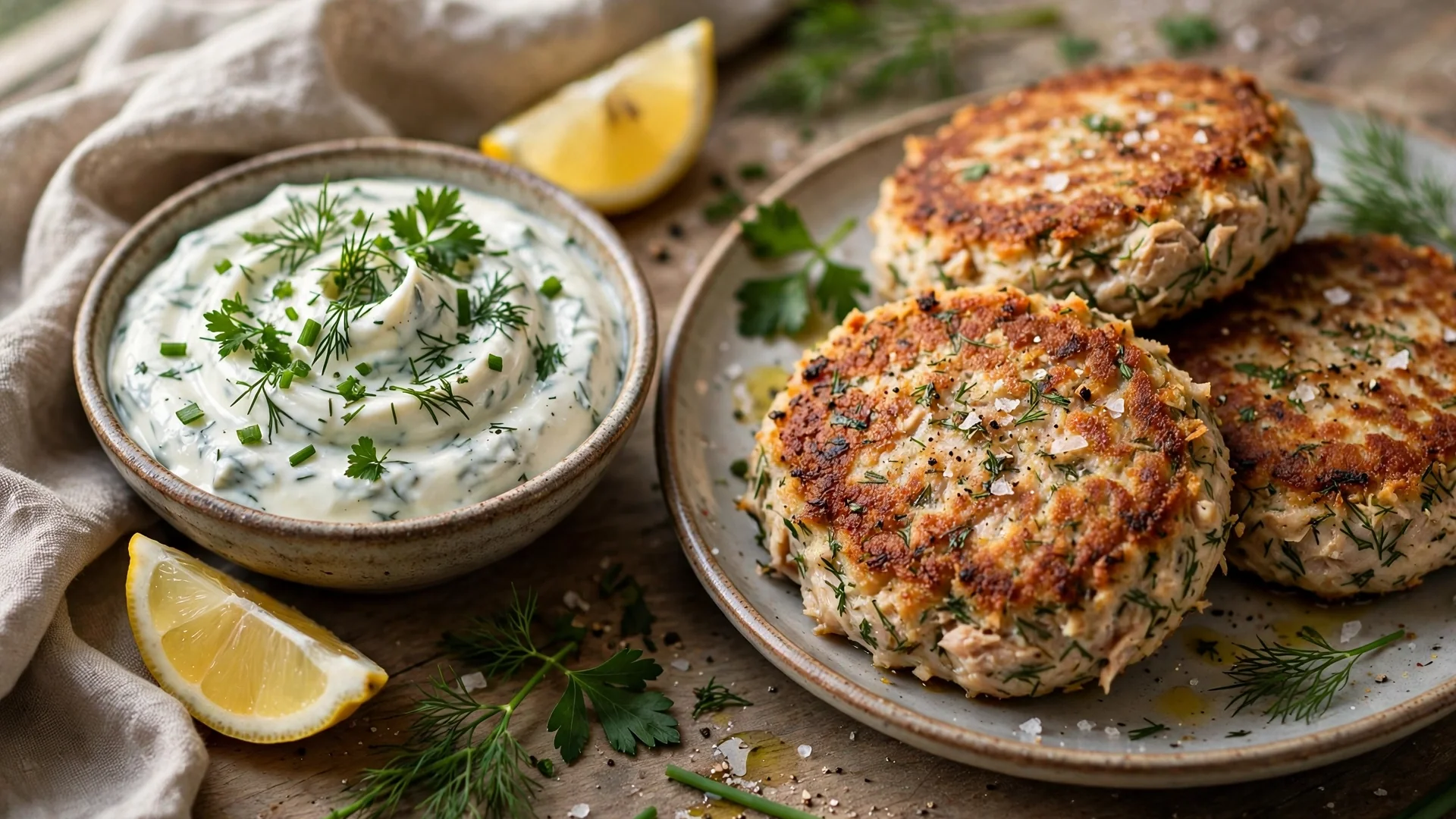 Saftige Thunfisch-Frikadellen mit Joghurt-Kräuter-Dip, goldbraun gebraten