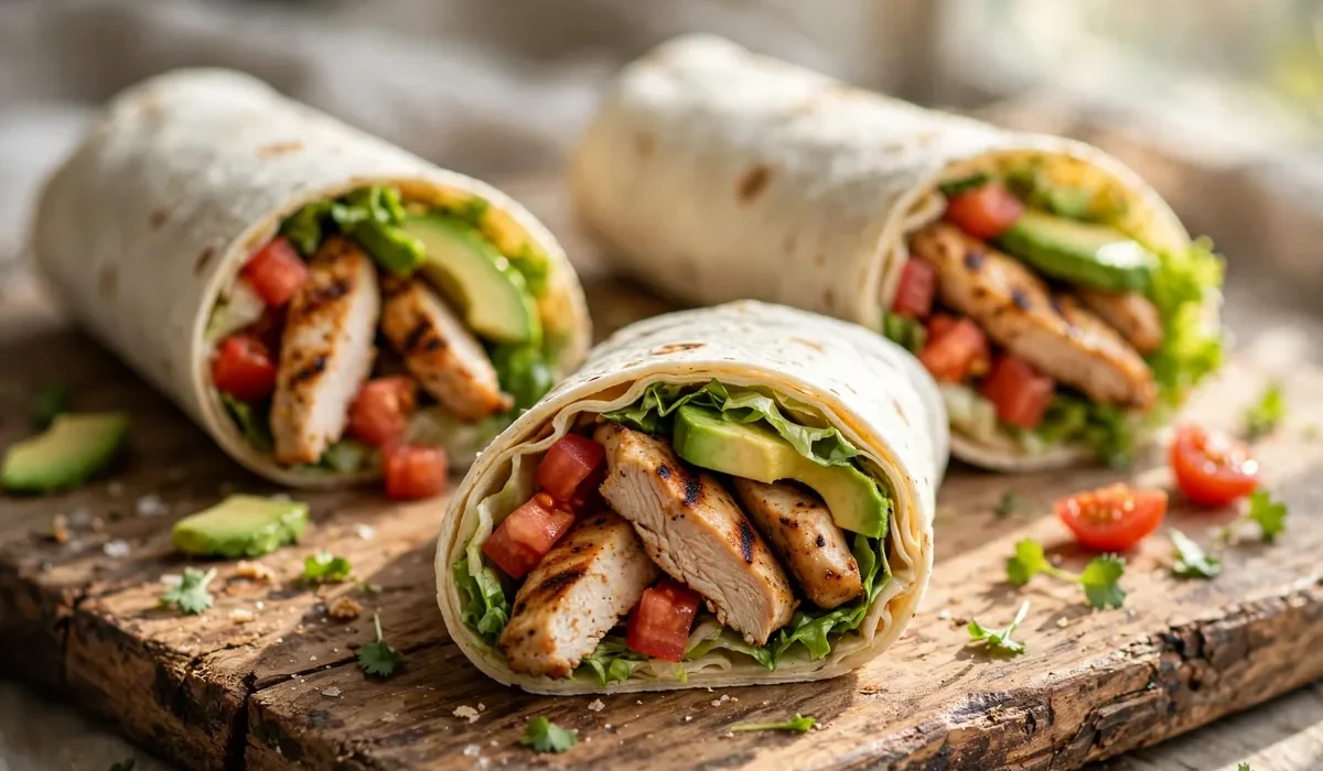 Tortilla-Wraps gefüllt mit Hähnchenstreifen, Avocado, Salat und Tomaten, angeschnitten auf einem Holzbrett.