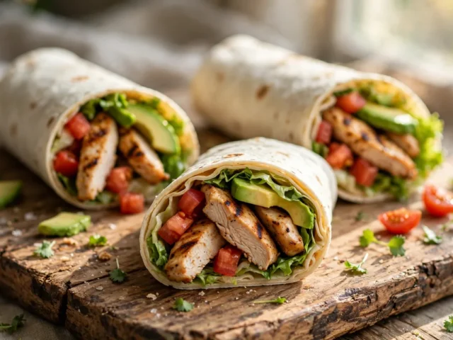 Tortilla-Wraps gefüllt mit Hähnchenstreifen, Avocado, Salat und Tomaten, angeschnitten auf einem Holzbrett.