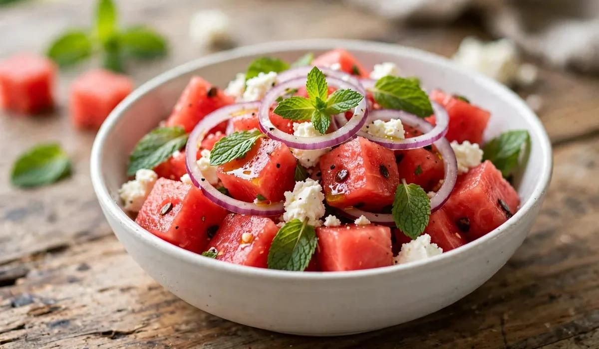 Erfrischender Wassermelonen-Feta-Salat mit Minzblättern und roten Zwiebelringen in einer weißen Schale.