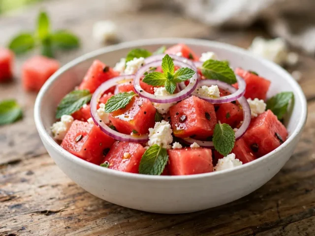 Erfrischender Wassermelonen-Feta-Salat mit Minzblättern und roten Zwiebelringen in einer weißen Schale.