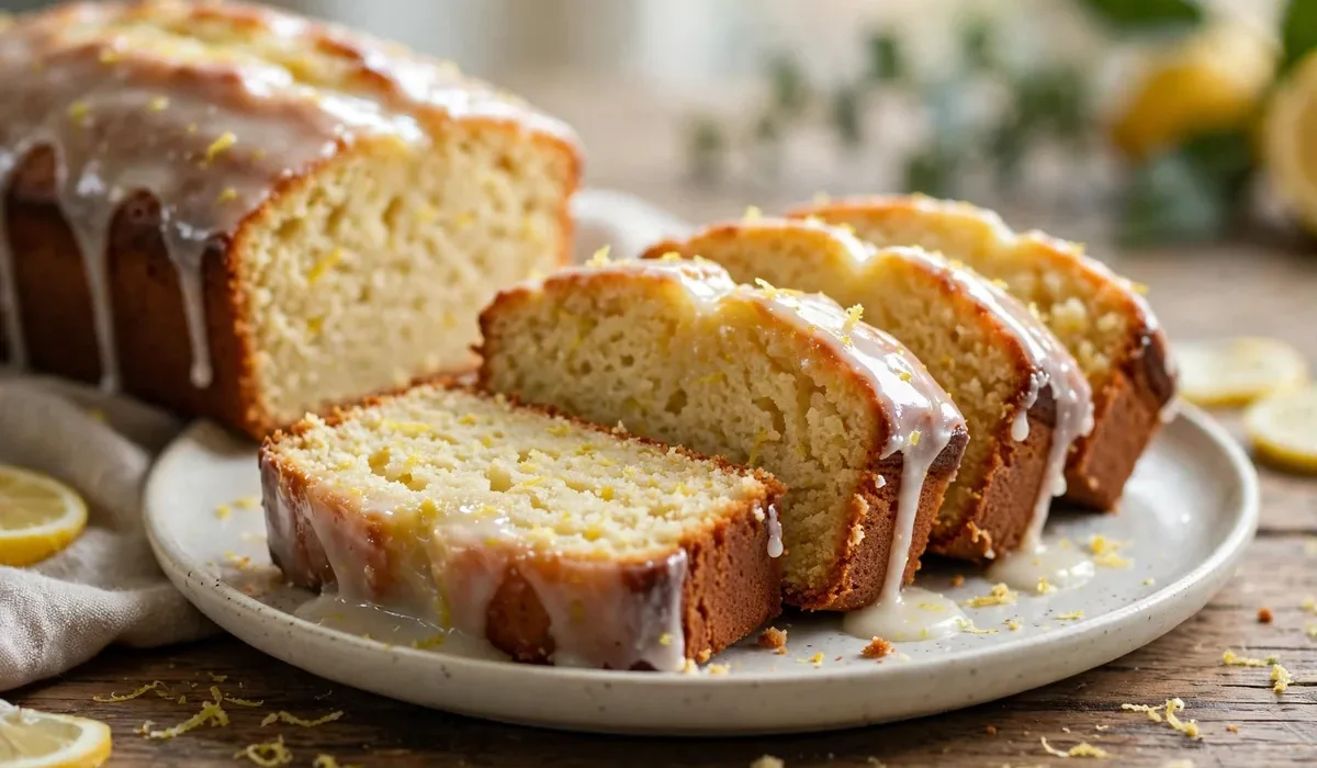 Saftiger Zitronenkuchen aus der Kastenform mit glänzendem Zitronenguss, angeschnitten auf einem Teller.