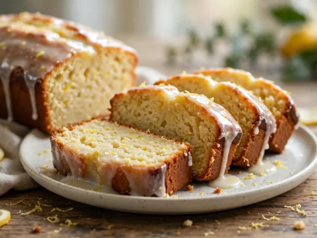 Saftiger Zitronenkuchen aus der Kastenform mit glänzendem Zitronenguss, angeschnitten auf einem Teller.