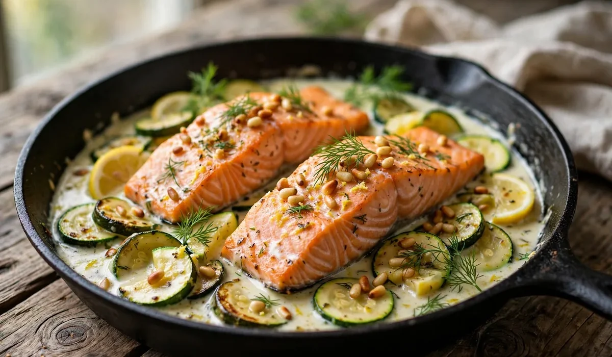 Zucchini-Lachs-Pfanne mit Zitronenscheiben, frischem Dill und gerösteten Pinienkernen in einer schwarzen Pfanne.