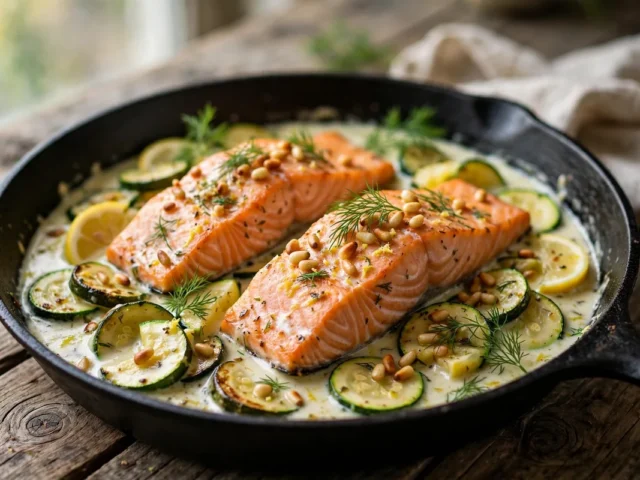 Zucchini-Lachs-Pfanne mit Zitronenscheiben, frischem Dill und gerösteten Pinienkernen in einer schwarzen Pfanne.